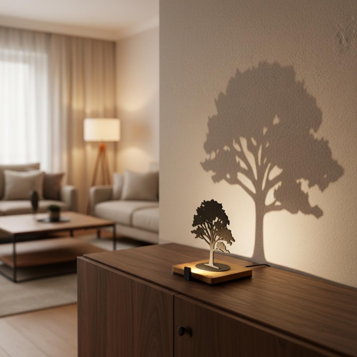 Lumwood Baum | LED Lampe aus Holz mit Schatteneffekt | Handgemacht | Deko mit Licht | Nachtlicht | Wechselbare Figur Bild 1